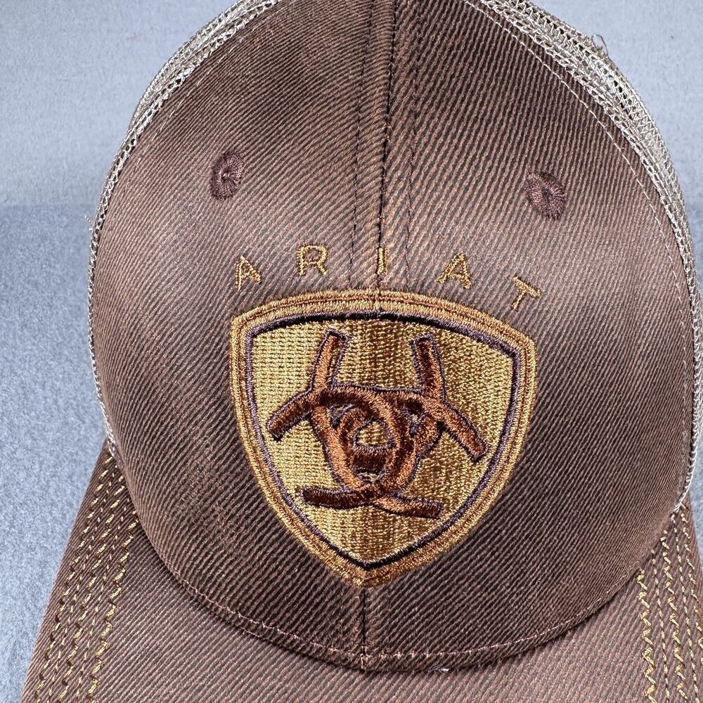 Ariat Hat Cap Strap Back Mens One Size Brown Tan Mesh Trucker Embroidered Shield - Picture 7 of 11